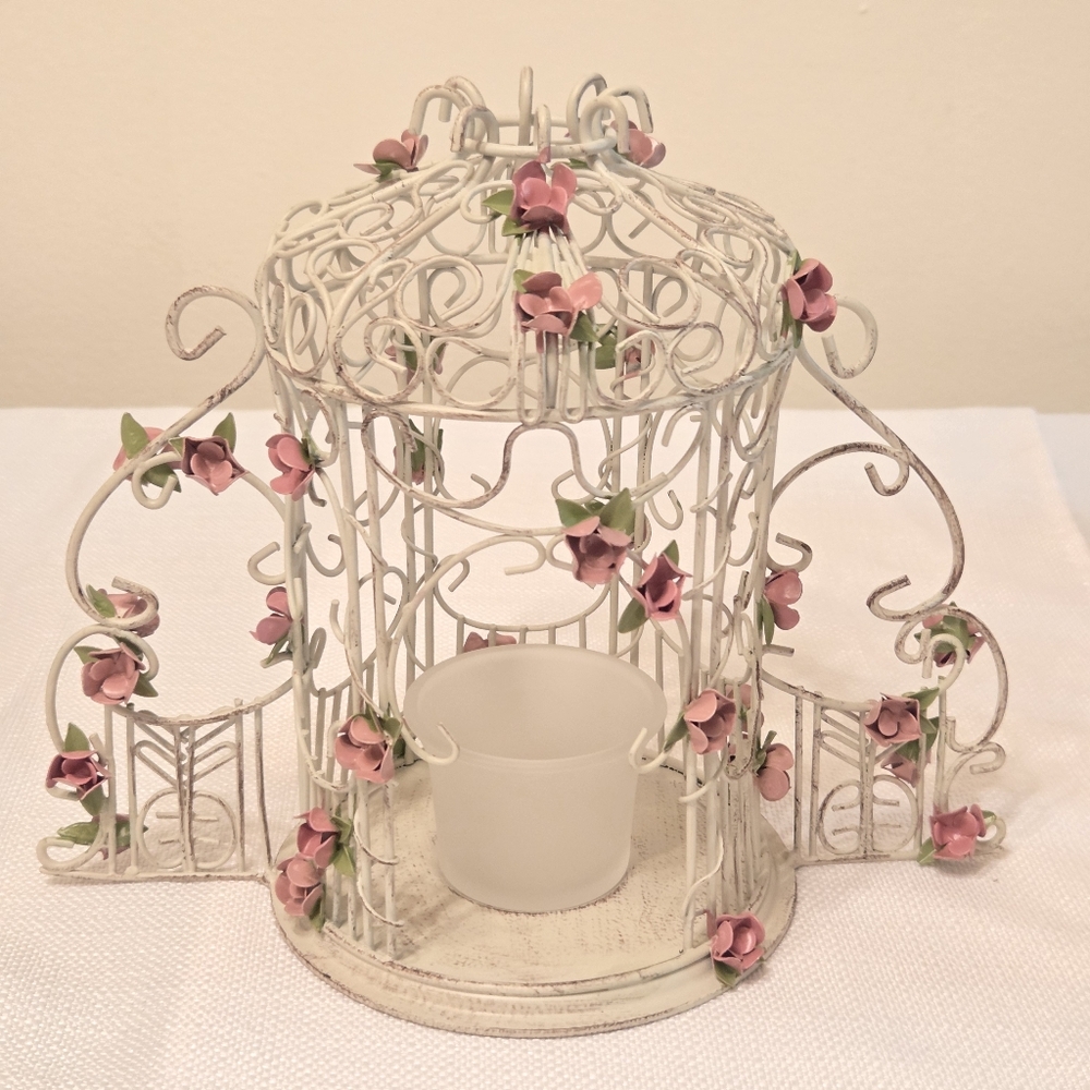 PartyLite Rose Garden Gazebo Candle Holder Cottage Chic Pink White Retired